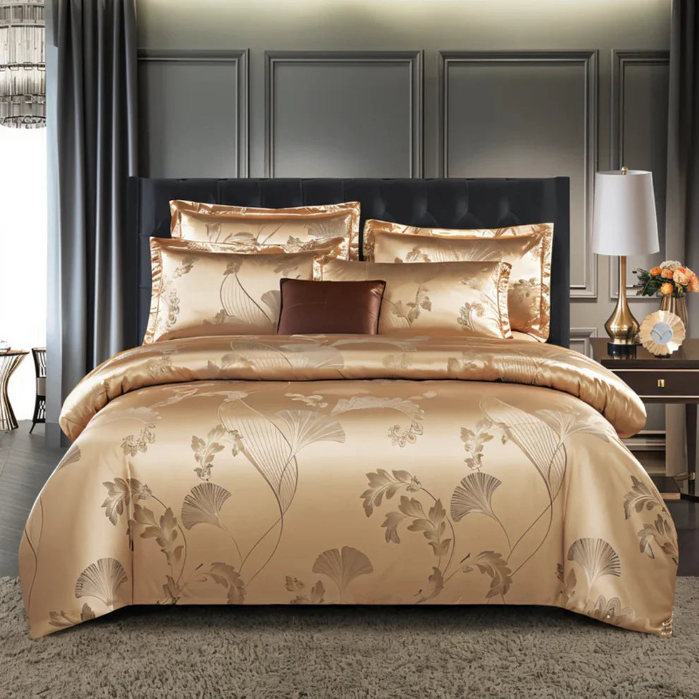 Satin Bedding Set – Luxury Jacquard Floral Duvet Cover & Pillowcases ...