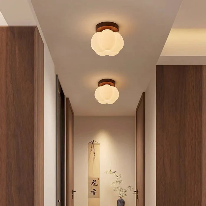 LumoPumpkin – Nordic Pumpkin Glass Ceiling Light with Wooden Base