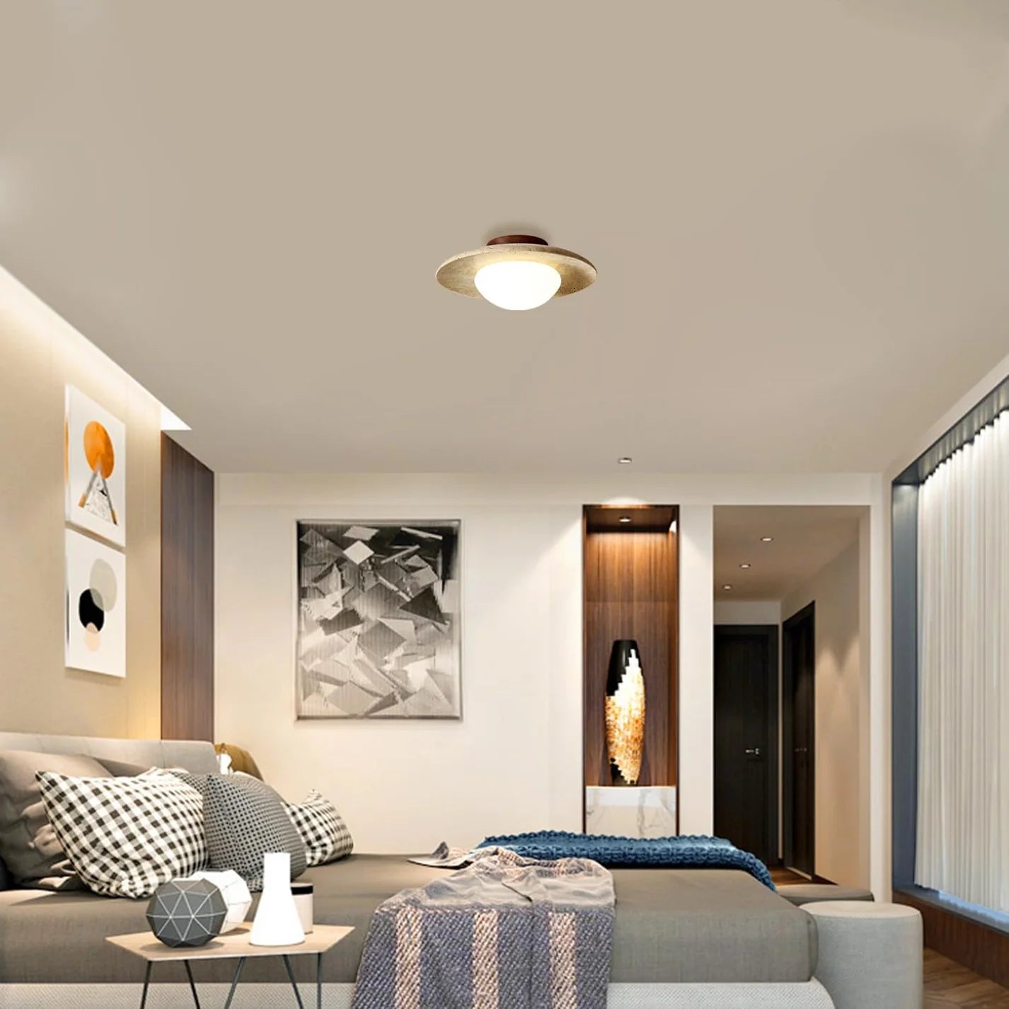 Travara – Minimalist Travertine & Wood LED Ceiling Light