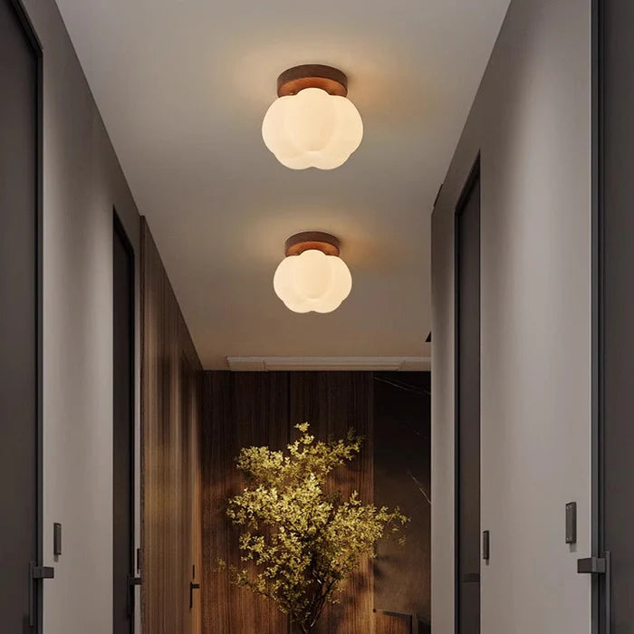 LumoPumpkin – Nordic Pumpkin Glass Ceiling Light with Wooden Base