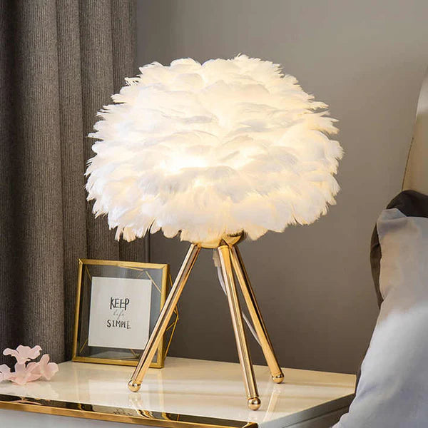 LumaPlume – Dimmable Feather Table Lamp with Gold Tripod