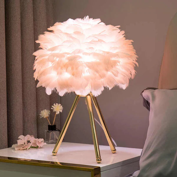 LumaPlume – Dimmable Feather Table Lamp with Gold Tripod