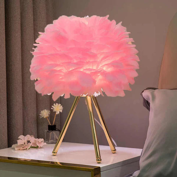 LumaPlume – Dimmable Feather Table Lamp with Gold Tripod