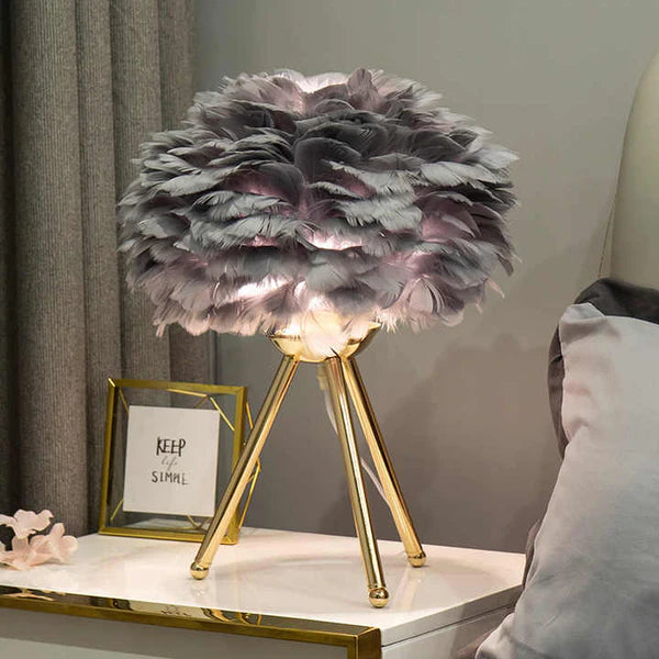 LumaPlume – Dimmable Feather Table Lamp with Gold Tripod