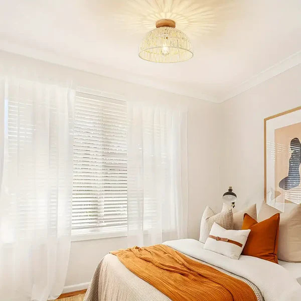Solmira – Handwoven Rattan Ceiling Light with Wooden Base