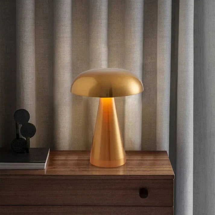 LumiMush – Wireless Mushroom-Inspired LED Table Lamp | Gold Metal & Acrylic