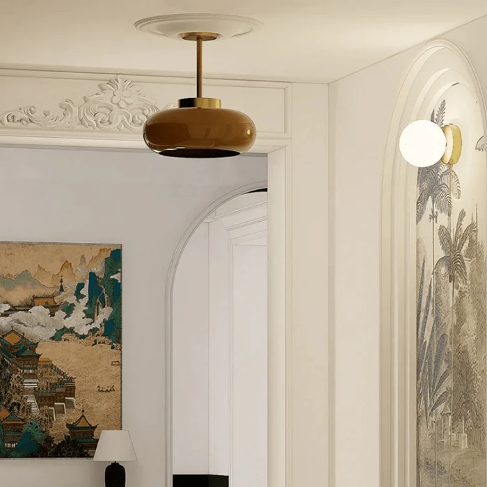 AmberDome – Vintage Semi Flush Ceiling Light with Orange Glass Dome