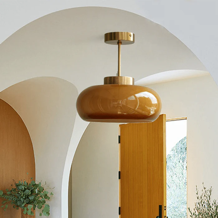 AmberDome – Vintage Semi Flush Ceiling Light with Orange Glass Dome