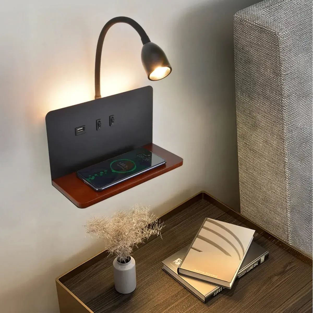 LumiCharge – Modern LED Wall Lamp with USB & Wireless Charging