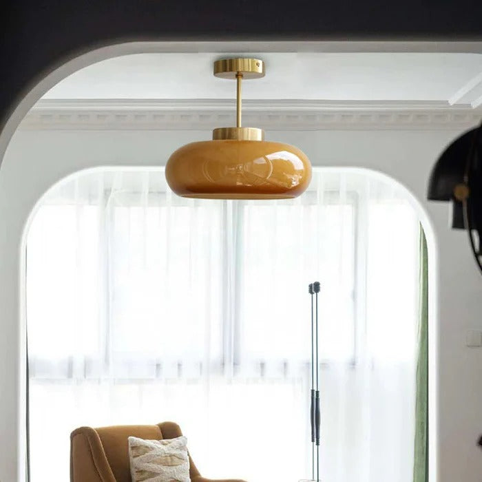 AmberDome – Vintage Semi Flush Ceiling Light with Orange Glass Dome