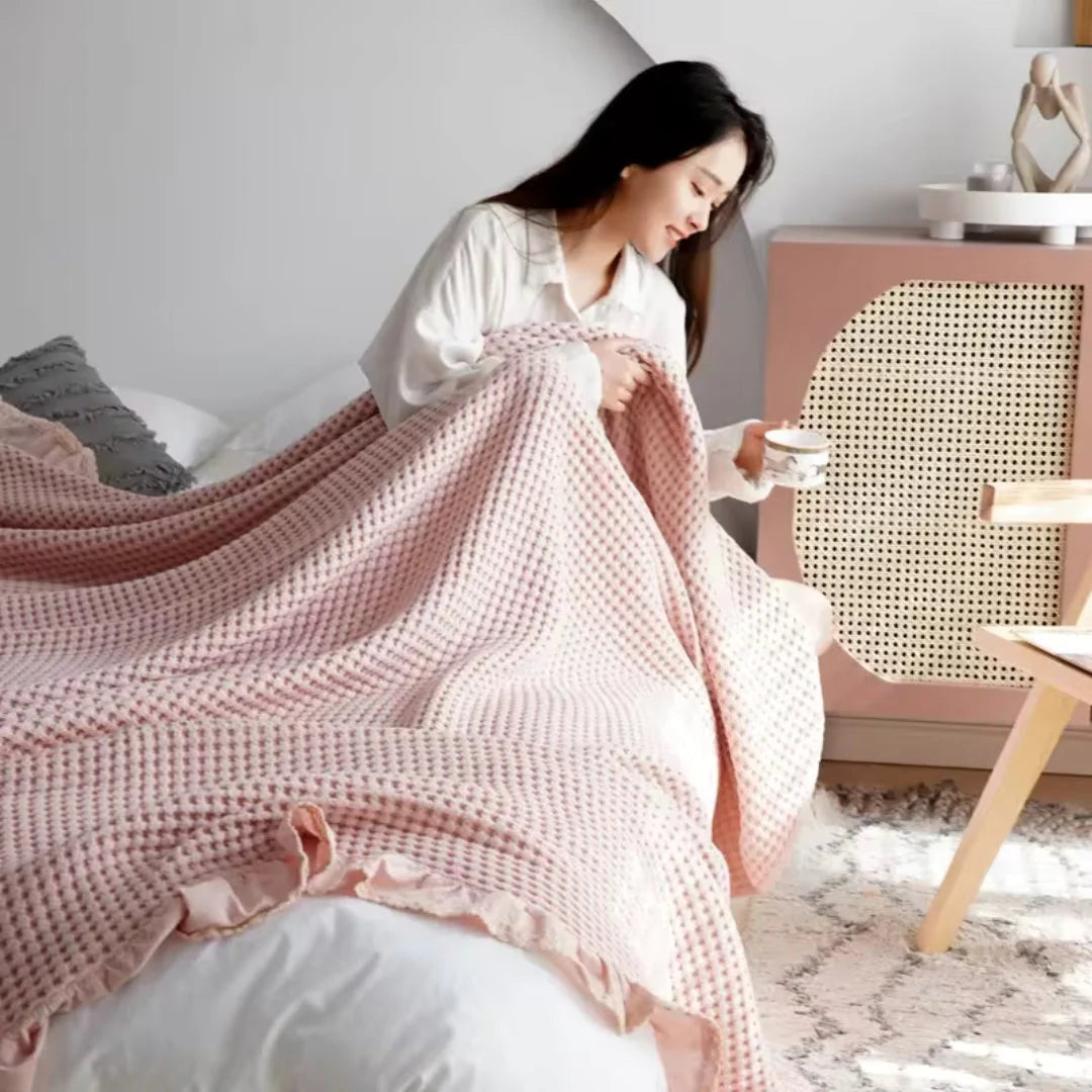 AeriWeave – Soft Waffle Cotton Blanket with Ruffled Edges
