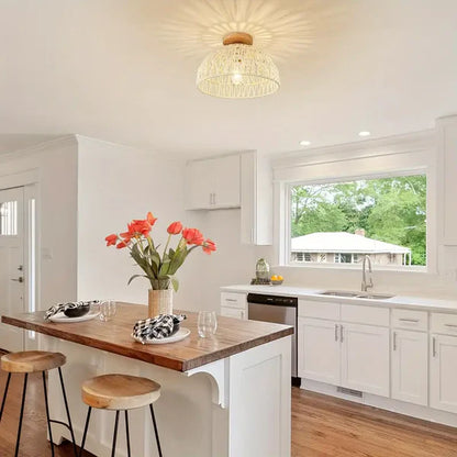 Solmira – Handwoven Rattan Ceiling Light with Wooden Base