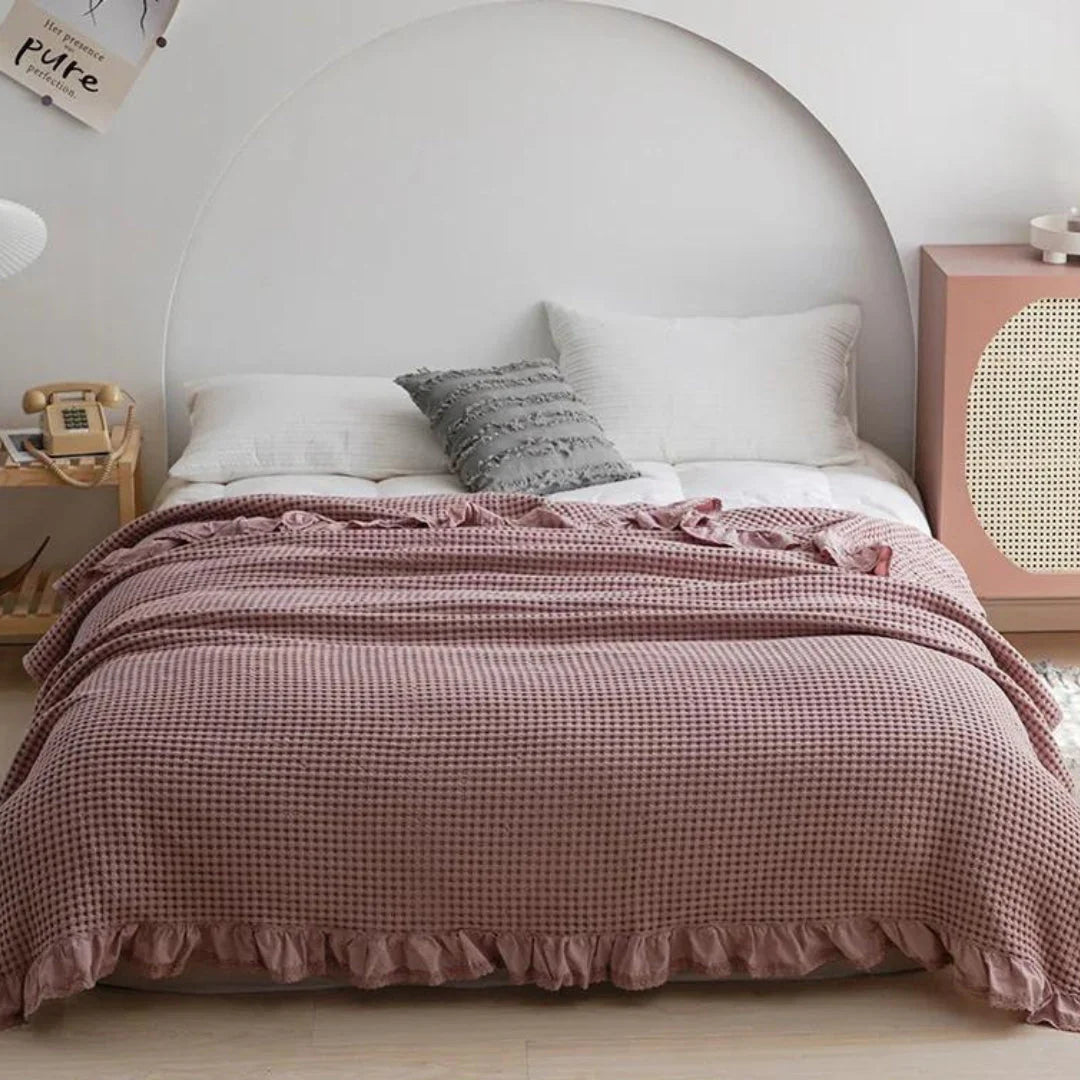 AeriWeave – Soft Waffle Cotton Blanket with Ruffled Edges