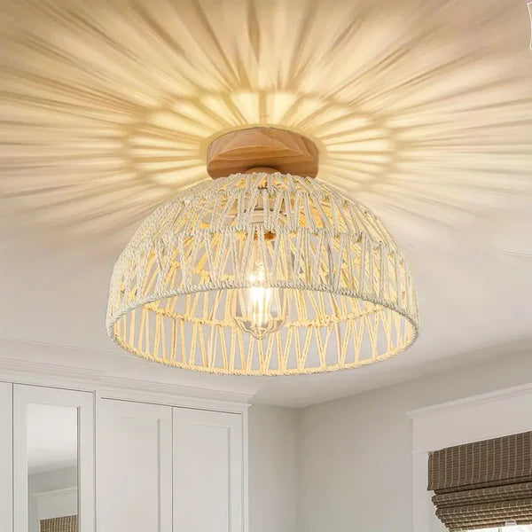 Solmira – Handwoven Rattan Ceiling Light with Wooden Base