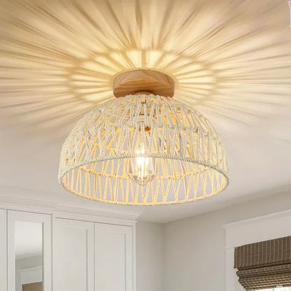 Solmira – Handwoven Rattan Ceiling Light with Wooden Base