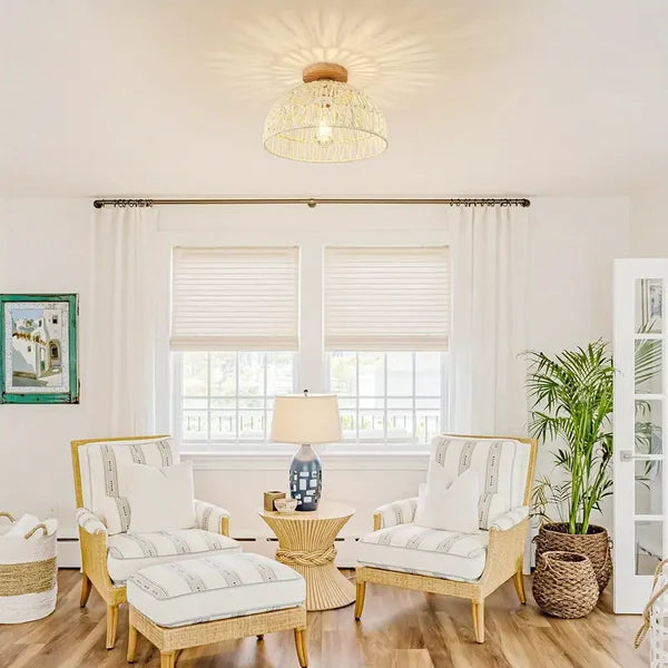 Solmira – Handwoven Rattan Ceiling Light with Wooden Base