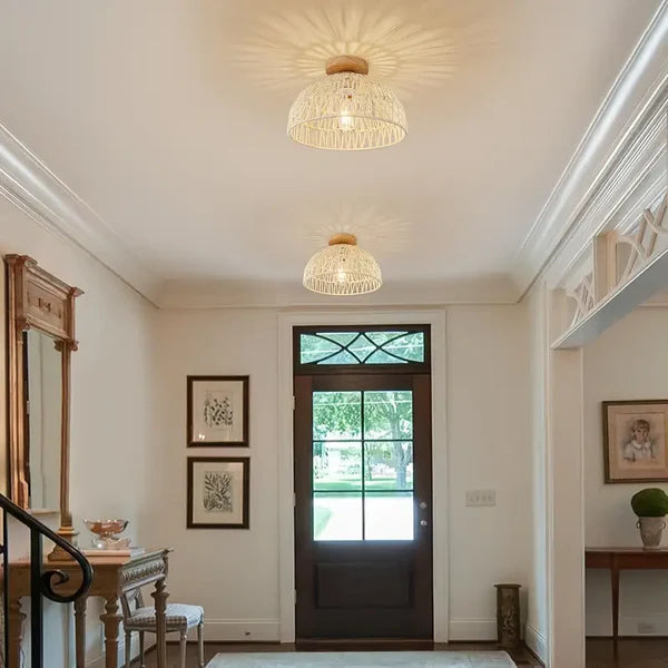Solmira – Handwoven Rattan Ceiling Light with Wooden Base