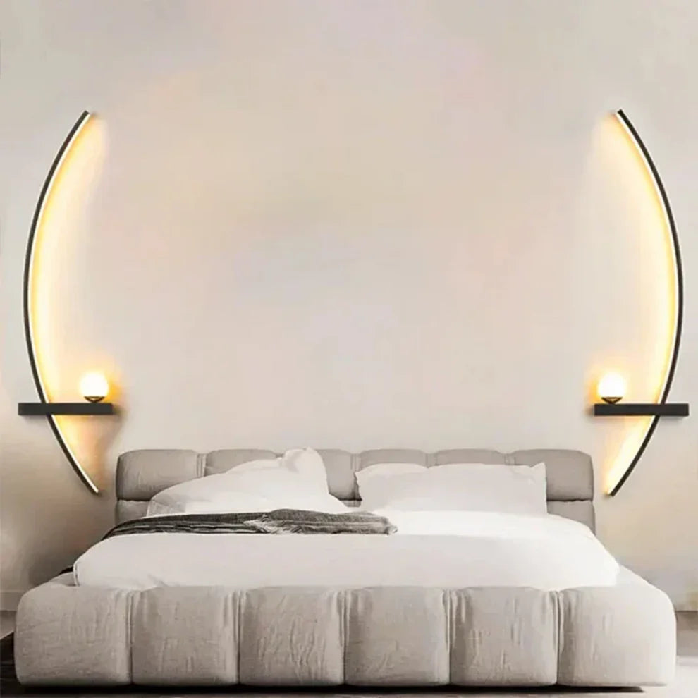 Lunaris – Modern LED Wall Lamp with Shelf & Arc Design