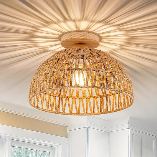 Solmira – Handwoven Rattan Ceiling Light with Wooden Base