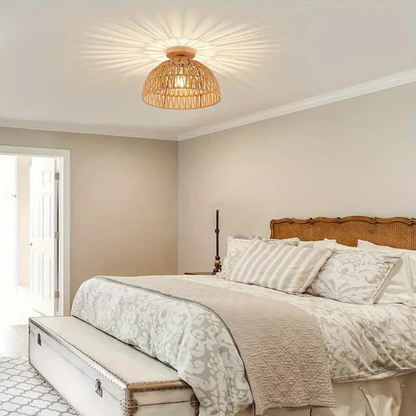 Solmira – Handwoven Rattan Ceiling Light with Wooden Base
