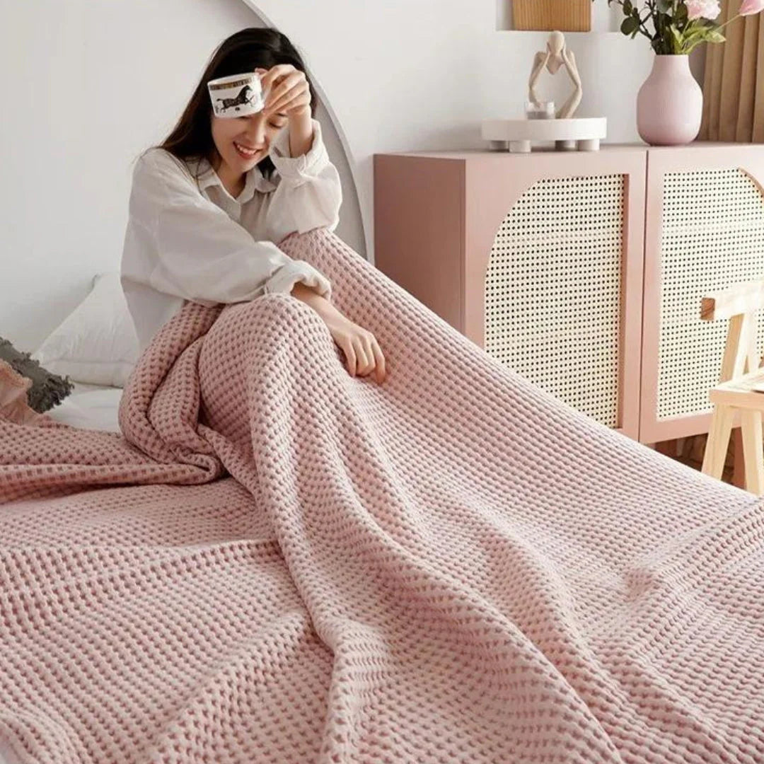 AeriWeave – Soft Waffle Cotton Blanket with Ruffled Edges