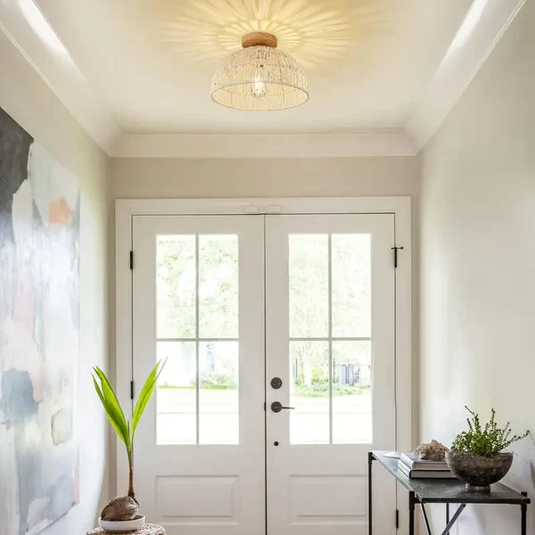 Solmira – Handwoven Rattan Ceiling Light with Wooden Base