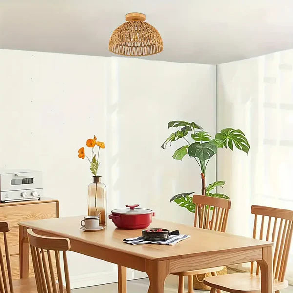 Solmira – Handwoven Rattan Ceiling Light with Wooden Base