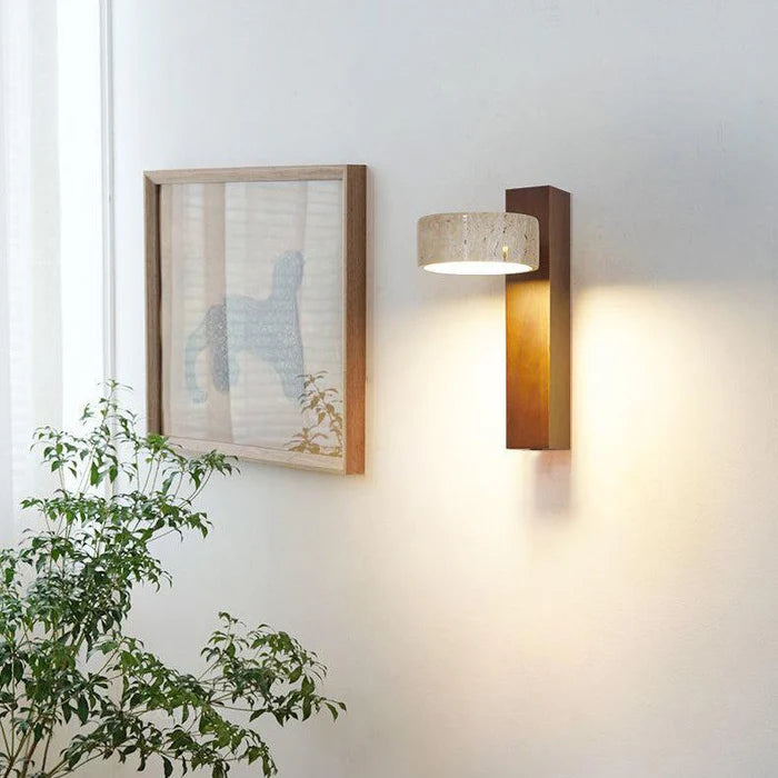 Travora – Wabi-Sabi Wall Lamp in Travertine & Wood