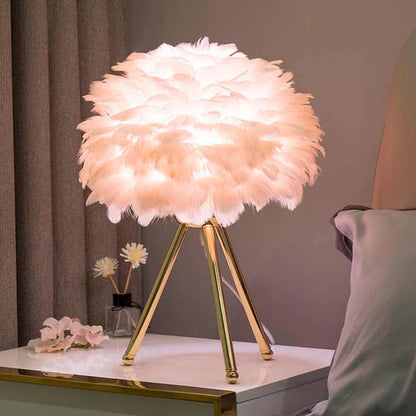 LumaPlume – Dimmable Feather Table Lamp with Gold Tripod