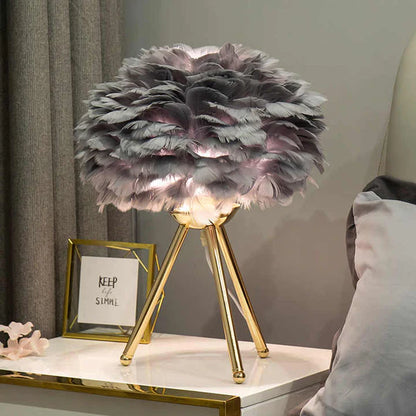 LumaPlume – Dimmable Feather Table Lamp with Gold Tripod