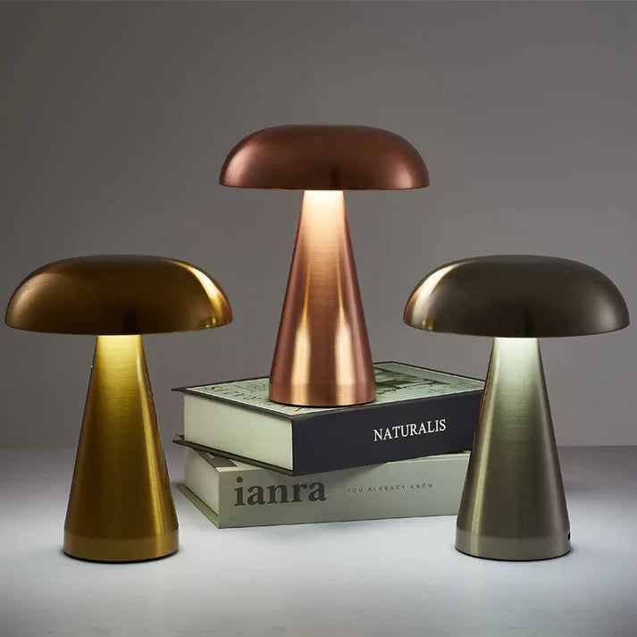 LumiMush – Wireless Mushroom-Inspired LED Table Lamp | Gold Metal & Acrylic
