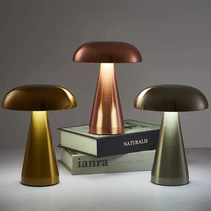 LumiMush – Wireless Mushroom-Inspired LED Table Lamp | Gold Metal & Acrylic