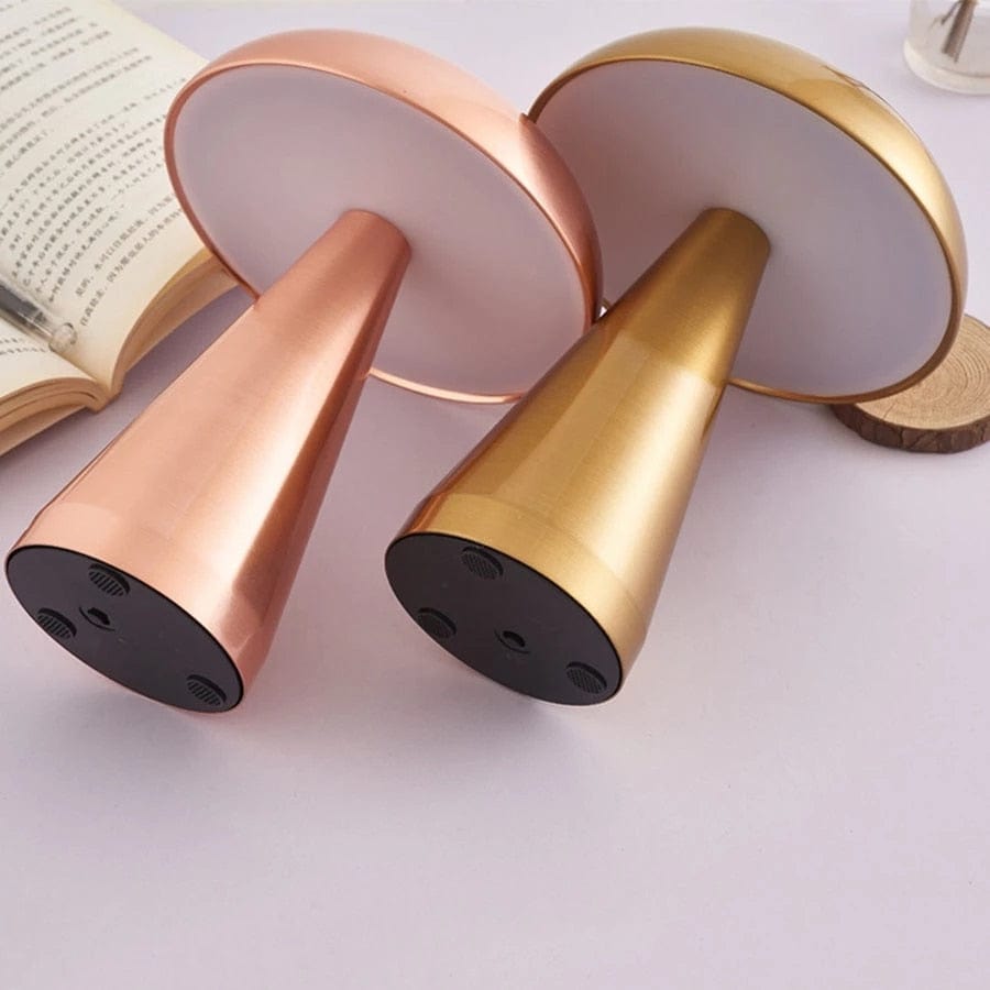 LumiMush – Wireless Mushroom-Inspired LED Table Lamp | Gold Metal & Acrylic