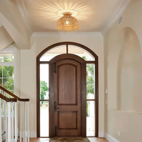 Solmira – Handwoven Rattan Ceiling Light with Wooden Base