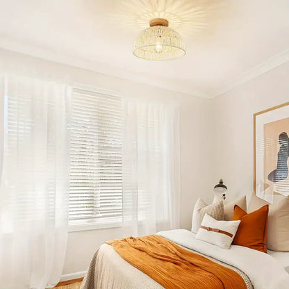 Solmira – Handwoven Rattan Ceiling Light with Wooden Base