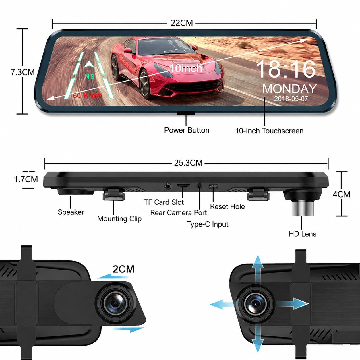 Bricodil – 10" Touchscreen Rear View Mirror Dash Cam