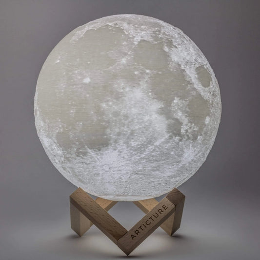 LunaGlow – 3D Printed LED Moon Lamp | Wooden Base & 6 Colours