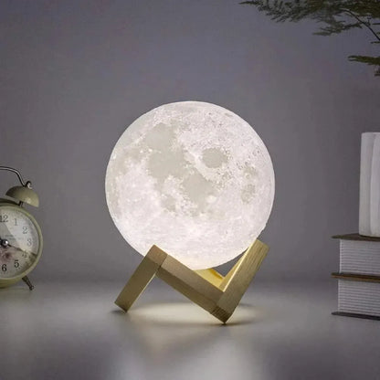 LunaGlow – 3D Printed LED Moon Lamp | Wooden Base & 6 Colours