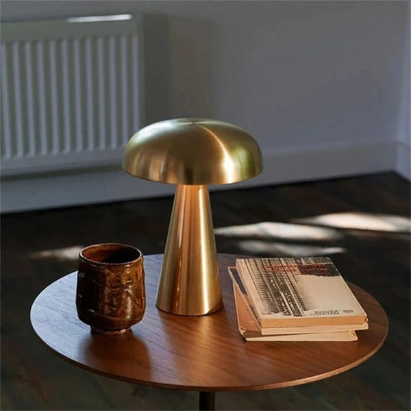 LumiMush – Wireless Mushroom-Inspired LED Table Lamp | Gold Metal & Acrylic