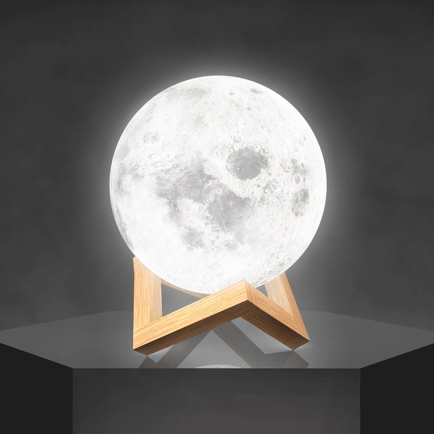 LunaGlow – 3D Printed LED Moon Lamp | Wooden Base & 6 Colours