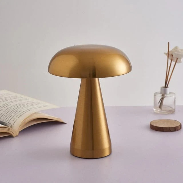 LumiMush – Wireless Mushroom-Inspired LED Table Lamp | Gold Metal & Acrylic