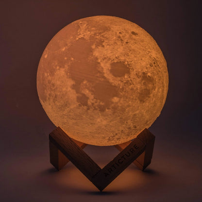LunaGlow – 3D Printed LED Moon Lamp | Wooden Base & 6 Colours