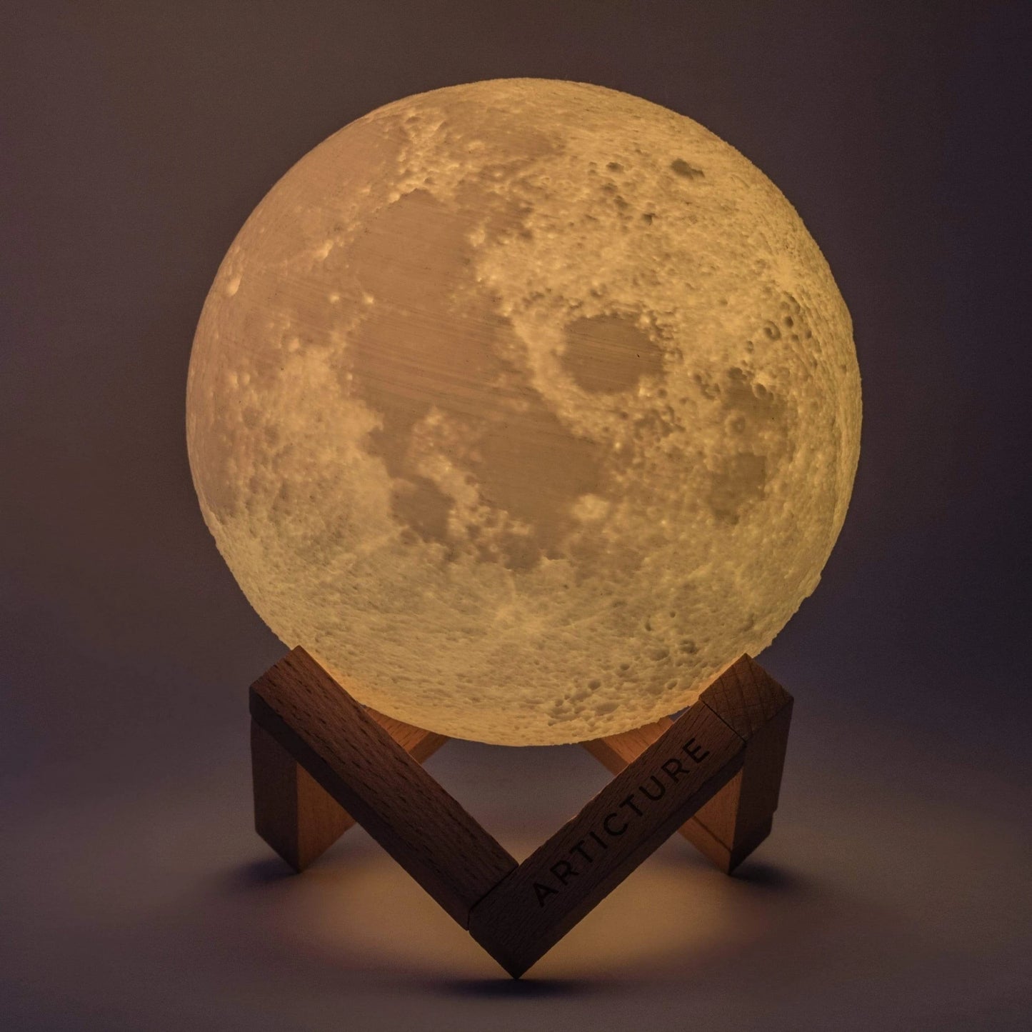 LunaGlow – 3D Printed LED Moon Lamp | Wooden Base & 6 Colours