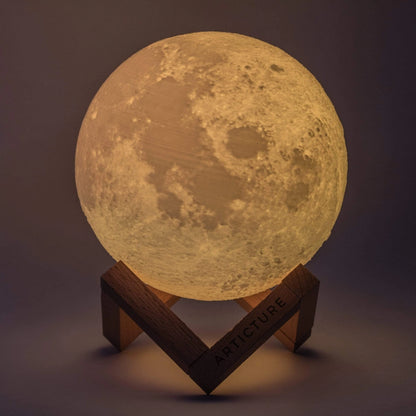 LunaGlow – 3D Printed LED Moon Lamp | Wooden Base & 6 Colours