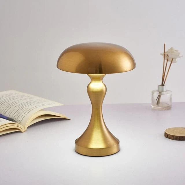 LumiMush – Wireless Mushroom-Inspired LED Table Lamp | Gold Metal & Acrylic