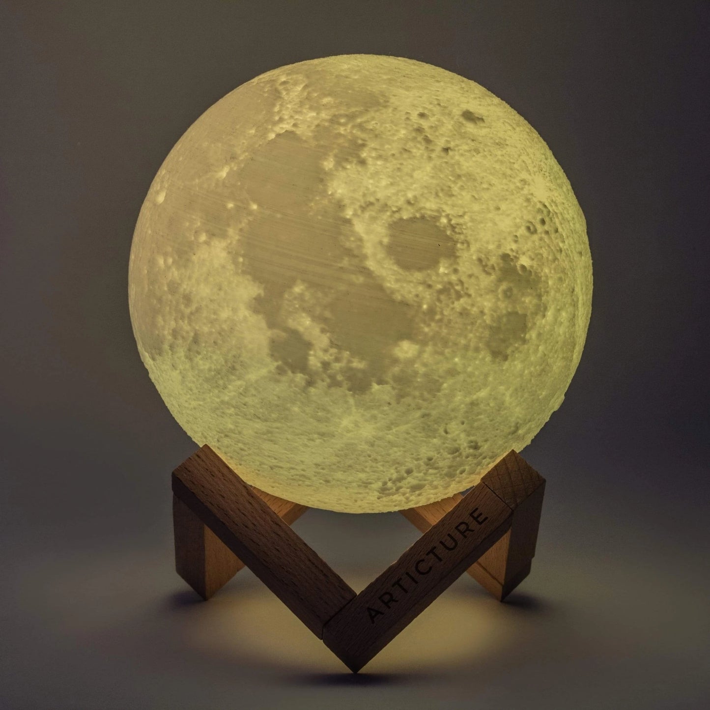 LunaGlow – 3D Printed LED Moon Lamp | Wooden Base & 6 Colours