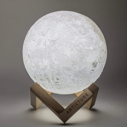 LunaGlow – 3D Printed LED Moon Lamp | Wooden Base & 6 Colours