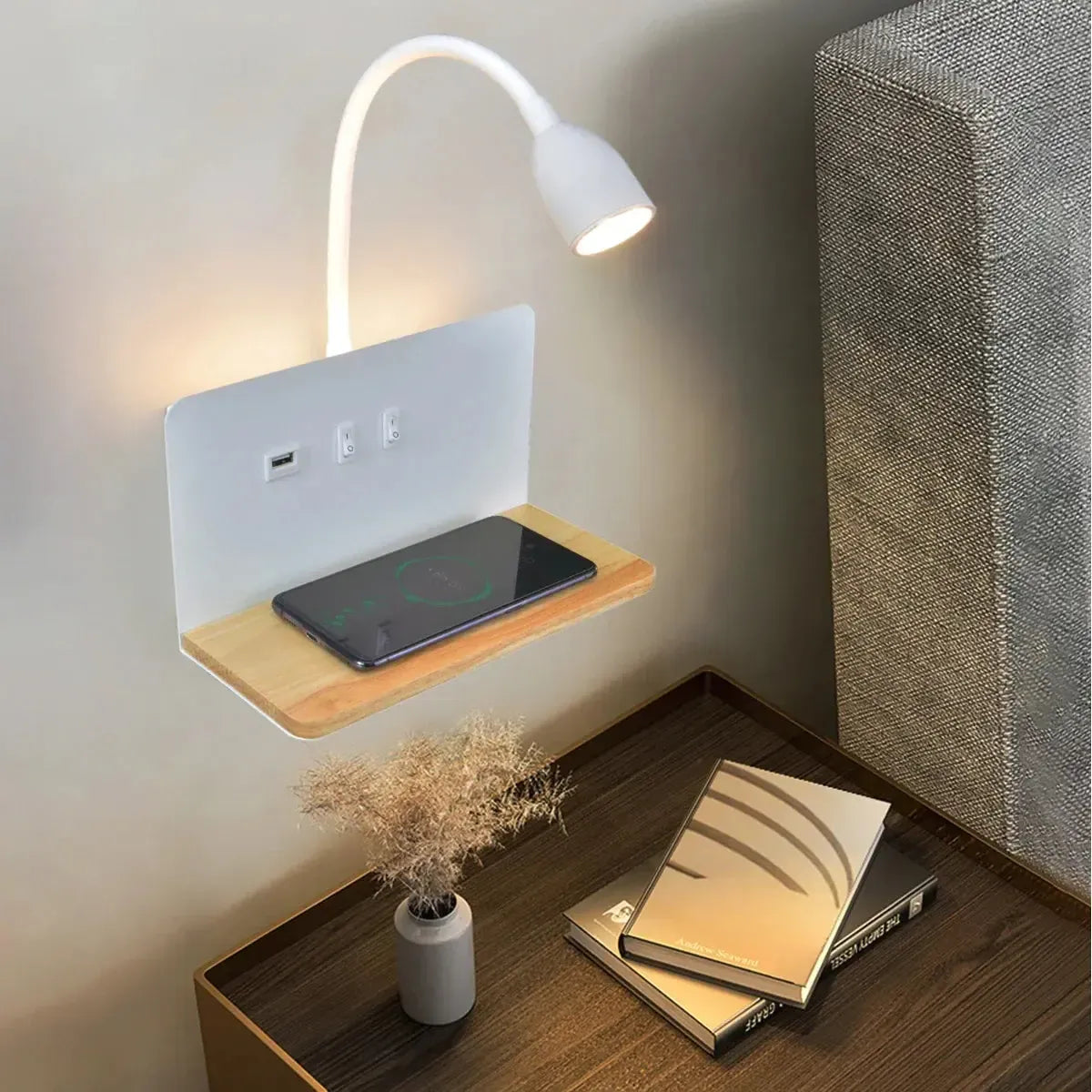 LumiCharge – Modern LED Wall Lamp with USB & Wireless Charging