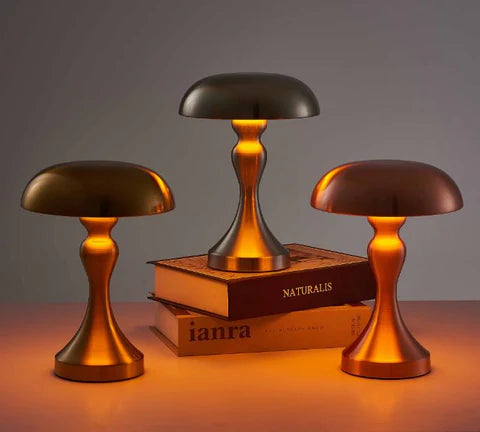 LumiMush – Wireless Mushroom-Inspired LED Table Lamp | Gold Metal & Acrylic