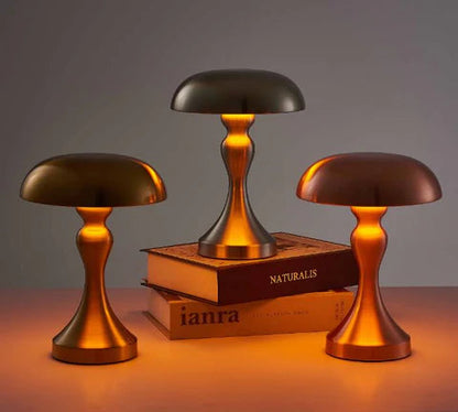 LumiMush – Wireless Mushroom-Inspired LED Table Lamp | Gold Metal & Acrylic